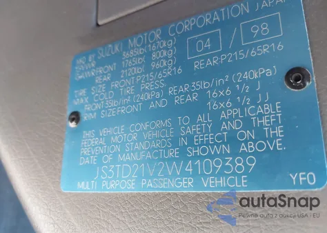 1998 Suzuki Sidekick Jlx Sport/Jx Sport из США, поврежденный, VIN JS3TD21V2W4109389